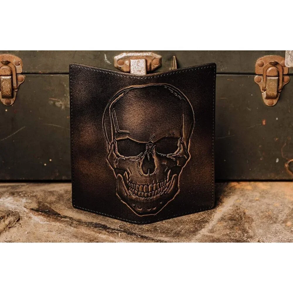 🆕Men Brown SKULL Long Wallet Hand Burnished Finish Grain Leather Bifold Wallet